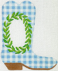 Kate Dickerson Needlepoint Collections Mini Cowgirl Boot Greenery Wreath on Blue Gingham Needlepoint Canvas