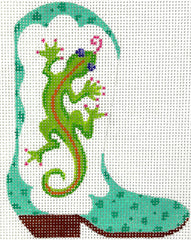 Kate Dickerson Needlepoint Collections Mini Cowgirl Boot Colorful Salamander with Turquoise Ostrich Accents Needlepoint Canvas