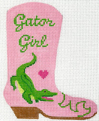 Kate Dickerson Needlepoint Collections Mini Cowgirl Boot - "Gator Girl" with Green Gator on Soft Pink Needlepoint Canvas