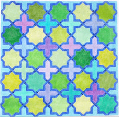 Kate Dickerson Needlepoint Collections Moroccan Tiles Crosses and Stars In Blues Greens Turquoise and Lavender Needlepoint Canvas