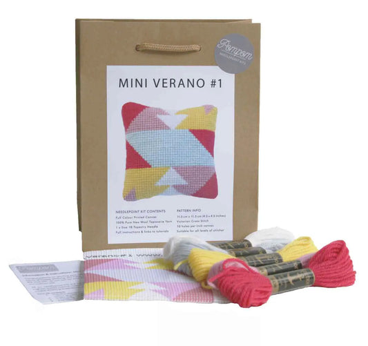 Pompom Design Mini Verano Pillow Needlepoint Kit - Pink and Yellow