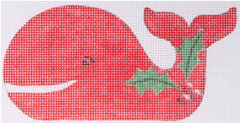 Kate Dickerson Needlepoint Collections Christmas Ornament Red Whale with Holly on Tail Needlepoint Canvas
