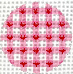 Kate Dickerson Needlepoint Collections Round Pink Gingham with Red Hearts Needlepoint Canvas