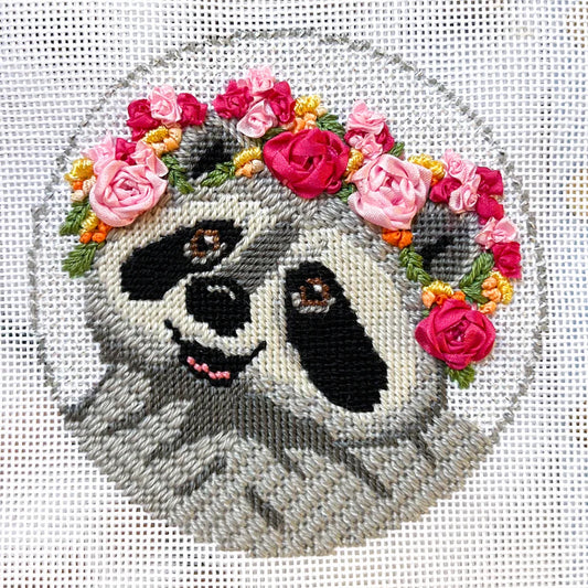 Spellbound Stitchery Flower Crown Raccoon Needlepoint Canvas
