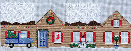 Stitch Style 3D Christmas House with Blue Truck Needlepoint Canvas