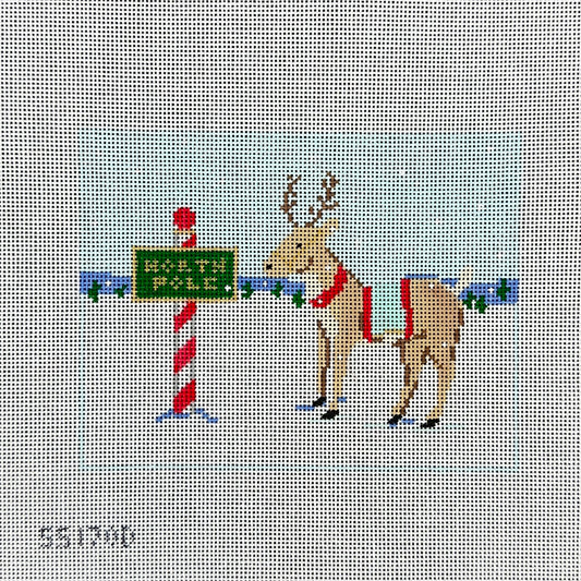 Stitch Style Reindeer Games Series: Reindeer and North Pole Sign Needlepoint Canvas