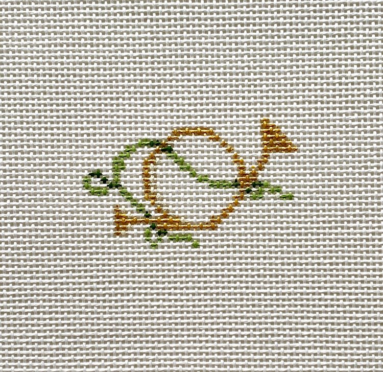 Needlepoint canvas by The Plum Stitchery from the Victorian Christmas Collection, featuring a gold hunting horn accented with green ribbon bows on a white canvas background.