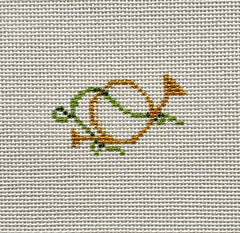 Needlepoint canvas by The Plum Stitchery from the Victorian Christmas Collection, featuring a gold hunting horn accented with green ribbon bows on a white canvas background.