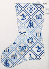 The Plum Stitchery Blue & White Tiles Mini Stocking Needlepoint Canvas