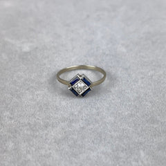 Antique Art Deco Platinum and Diamond Ring with Lab Sapphire