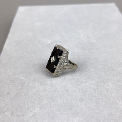 Vintage Art Deco Onyx and Diamond Ring with Floral and Filigree in 14k White Gold