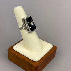 Vintage Art Deco Onyx and Diamond Ring with Floral and Filigree in 14k White Gold