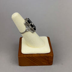 Vintage Art Deco Onyx and Diamond Ring with Floral and Filigree in 14k White Gold