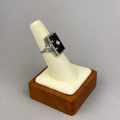 Vintage Art Deco Onyx and Diamond Ring with Floral and Filigree in 14k White Gold