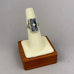 Vintage Art Deco Onyx and Diamond Ring with Floral and Filigree in 14k White Gold