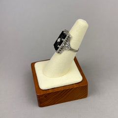 Vintage Art Deco Onyx and Diamond Ring with Floral and Filigree in 14k White Gold