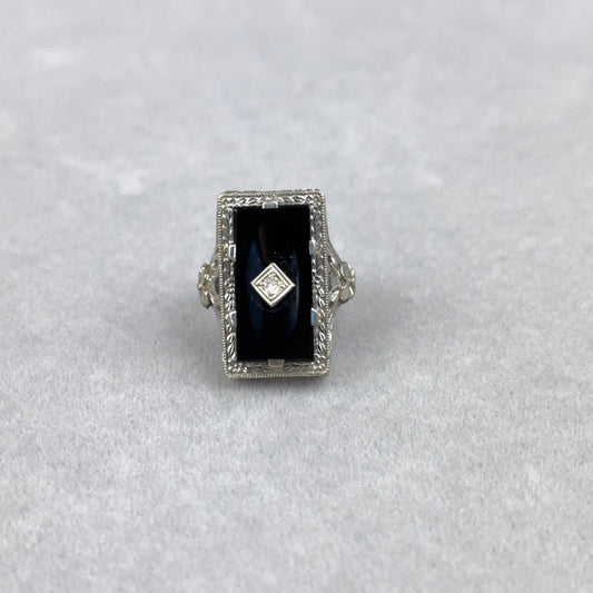 Vintage Art Deco Onyx and Diamond Ring with Floral and Filigree in 14k White Gold