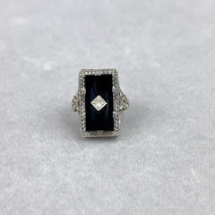 Vintage Art Deco Onyx and Diamond Ring with Floral and Filigree in 14k White Gold