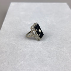 Vintage Art Deco Onyx and Diamond Ring with Floral and Filigree in 14k White Gold