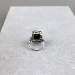 Vintage Art Deco Onyx and Diamond Ring with Floral and Filigree in 14k White Gold