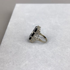 Vintage Art Deco Onyx and Diamond Ring with Floral and Filigree in 14k White Gold