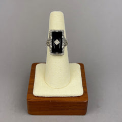 Vintage Art Deco Onyx and Diamond Ring with Floral and Filigree in 14k White Gold