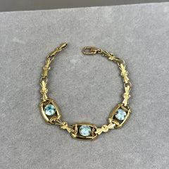 Vintage 1940s Retro Ribbon Link Bracelet in 14k Gold with Blue Zircon