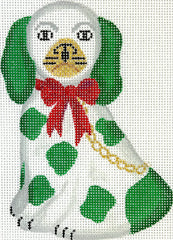 Kate Dickerson Needlepoint Collections Mini Staffordshire Dog White & Green with Gold Chain & Sparkly Red Bow Facing Left Needlepoint Canvas