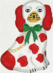 Kate Dickerson Needlepoint Collections Mini Staffordshire Dog - White & Red with Gold Chain & Sparkly Green Bow (Facing Right) Needlepoint Canvas