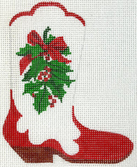 Kate Dickerson Needlepoint Collections Mini Cowgirl Boot Christmas Holly with Red Bow Needlepoint Canvas