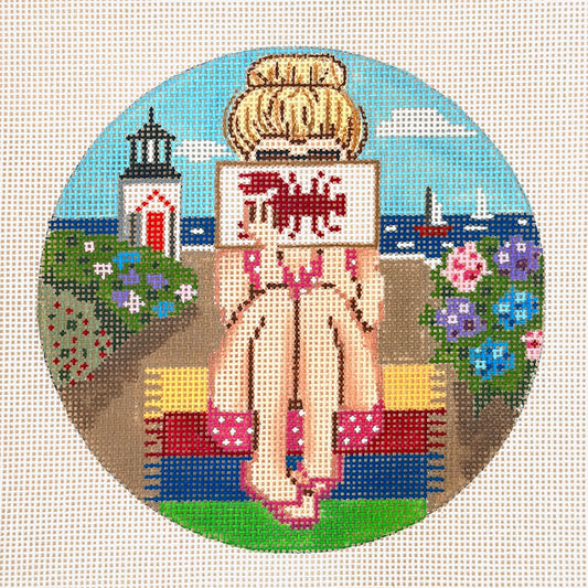 Alice Peterson Co. Gayla Elliott Stitching Girl East Coast Round Needlepoint Canvas