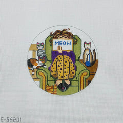 Alice Peterson Co. Gayla Elliott Stitching Girl Cat Lover Round Needlepoint Canvas