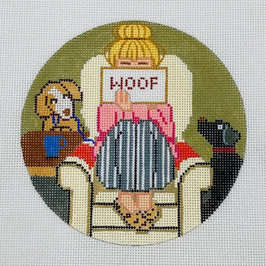 Alice Peterson Co. Gayla Elliott Stitching Girl Dog Lover Round Needlepoint Canvas