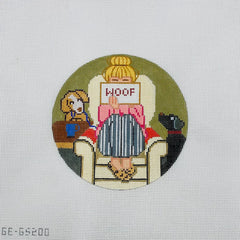 Alice Peterson Co. Gayla Elliott Stitching Girl Dog Lover Round Needlepoint Canvas