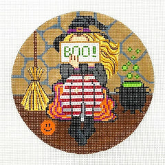 Alice Peterson Co. Gayla Elliott Stitching Girl Halloween Round Needlepoint Canvas