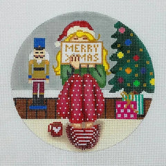 Alice Peterson Co. Gayla Elliott Stitching Girl Merry Christmas Round Needlepoint Canvas