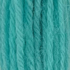 Close-up of cool neon teal crewel wool thread with a soft, fuzzy texture and tightly twisted strands.