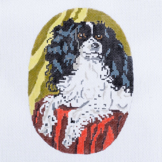 Barbara Russell Black & White King Charles Dog Oval Needlepoint Canvas