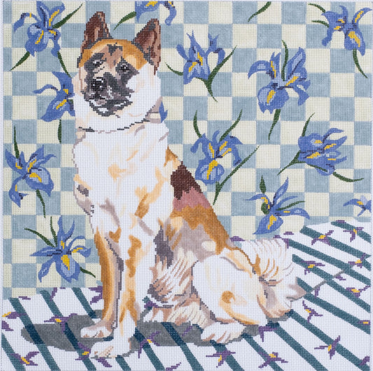 Barbara Russell Designs Akita Dog with Irises Needlepoint Canvas