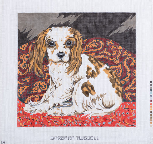 Barbara Russell Designs King Charles Dog on Paisley Needlepoint Canvas