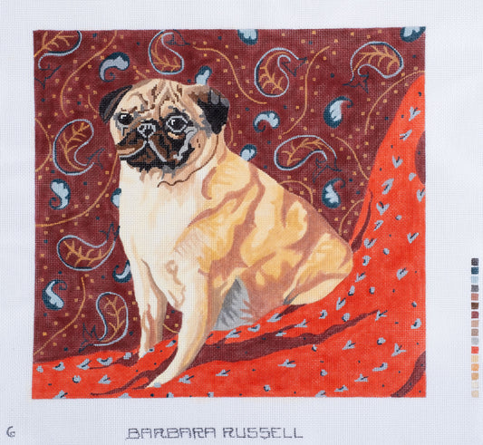 Barbara Russell Designs Pug Dog on Paisley Needlepoint Canvas