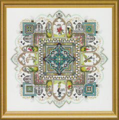Framed cross stitch of a mandala with intricate borders, geometric patterns, botanical motifs, insects, and tiny decorative scenes arranged around a central medallion.