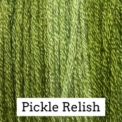 Close-up of chartreuse‑green silk embroidery floss with subtle light and dark tonal variations, labeled “Pickle Relish.”