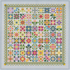Colorful cross stitch made up of many small floral quilt‑block designs arranged in a mosaic grid with a decorative border.