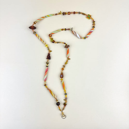 Colorful Beaded Polymer Clay Chatelaine Fob Necklace - Tan