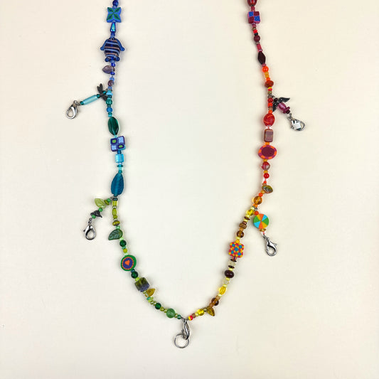 Colorful Beaded Polymer Clay Chatelaine Multi Fob Necklace - Rainbow