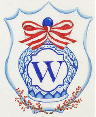 Kate Dickerson Needlepoint Collections Monogram Crest - Chinese Vase with Bow - Blues & Reds Needlepoint Canvas