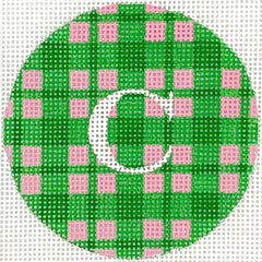 Kate Dickerson Needlepoint Collections Bright Disk Letter - Madras Plaid - Kelly Greens & Bright Pink Needlepoint Canvas