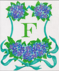 Kate Dickerson Needlepoint Collections Monogram Crest - Hydrangeas & Ribbon - Blues, Lavenders, Turquoise Needlepoint Canvas