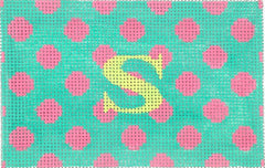 Kate Dickerson Needlepoint Collections Insert Polka Dots Bright Pink on Turquoise with Light Lime Letter Needlepoint Canvas - 3 x 4